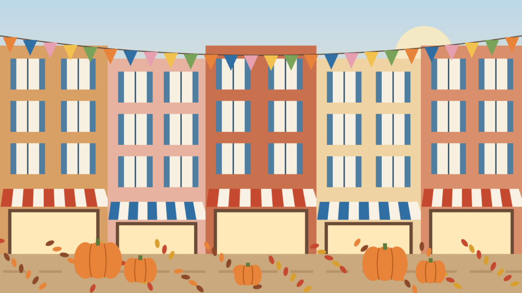 Vacances de la Toussaint Nice Centre : rue commerçante de la Rive Droite, stores rayés, citrouilles et feuilles d'automne