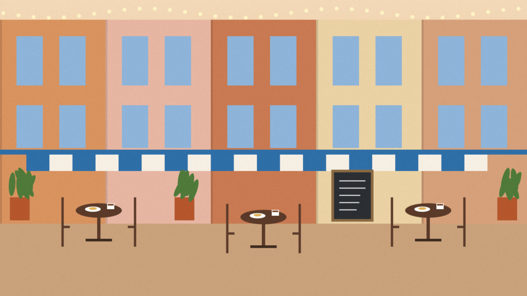 Bistrots à Nice Centre : tables de bistrot, stores rayés et façades colorées sur la Rive Droite